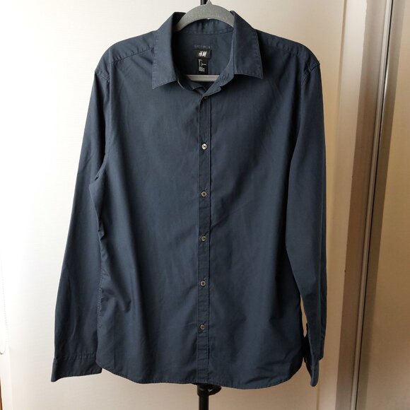 Two Mens Dress Shirts Black and Navy Blue - H&M Easy Iron - Size Large - Picture 3 of 7